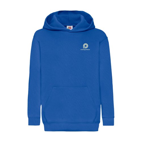 Knigsblauer Baumwoll-Polyester-Hoodie fr Kinder mit Kapuze und Kngurutasche.