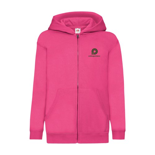 Fuchsiafarbene Kinder-Sweatjacke aus Baumwollmischgewebe mit Kapuze und Reiverschluss.