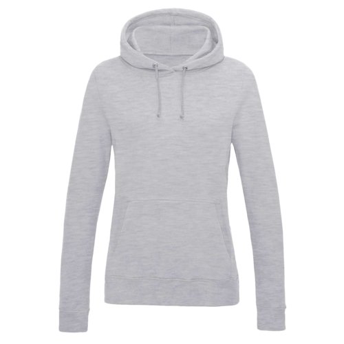 Grau melierter Baumwoll-Polyester-Hoodie für Damen mit Kapuze und Kängurutasche.