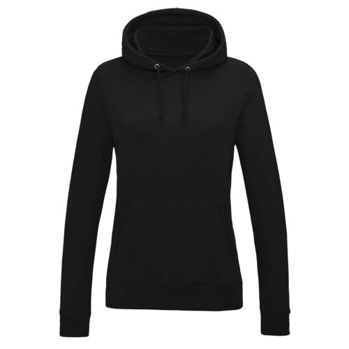 Schwarzer Baumwoll-Polyester-Hoodie für Damen mit Kapuze und Kängurutasche.