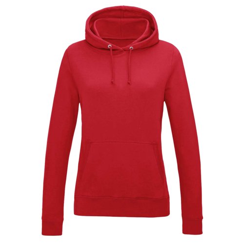 Roter Baumwoll-Polyester-Hoodie für Damen mit Kapuze und Kängurutasche.