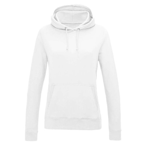 Weißer Baumwoll-Polyester-Hoodie mit Kapuze und Kordelzug.