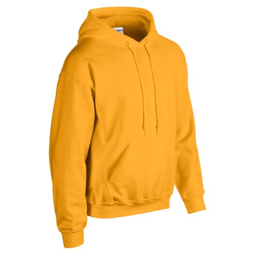 Goldgelber Baumwoll-Polyester-Hoodie fr Herren mit Kapuze und Kngurutasche.