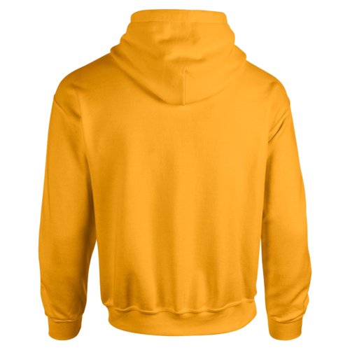 Goldgelber Baumwoll-Polyester-Hoodie mit Kapuze und Kngurutasche.