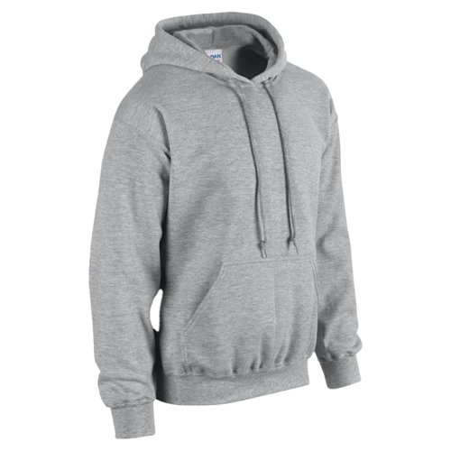 Grauer Baumwoll-Polyester-Hoodie fr Herren mit Kngurutasche und Kapuze.