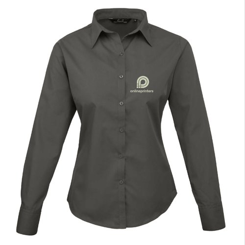 Dunkelgraue Popeline Bluse fr Damen mit langen rmeln und Kragen.