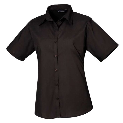 Schwarze Kurzarm-Bluse aus Popeline mit Knopfleiste fr Damen.