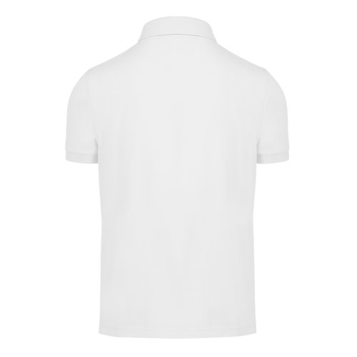 Weisses Baumwoll-Poloshirt mit kurzem Arm und Knopfleiste.