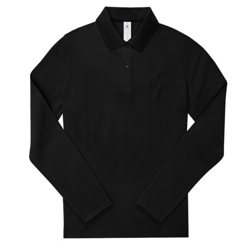 Schwarzes Baumwoll-Poloshirt mit langen rmeln und Knopfleiste.