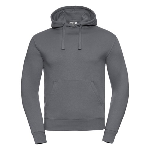 Dunkelgrauer Baumwoll-Polyester-Hoodie mit Kapuze und Kngurutasche.