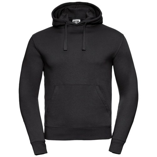 Schwarzer Baumwoll-Polyester-Hoodie fr Herren mit Kapuze und Kngurutasche.