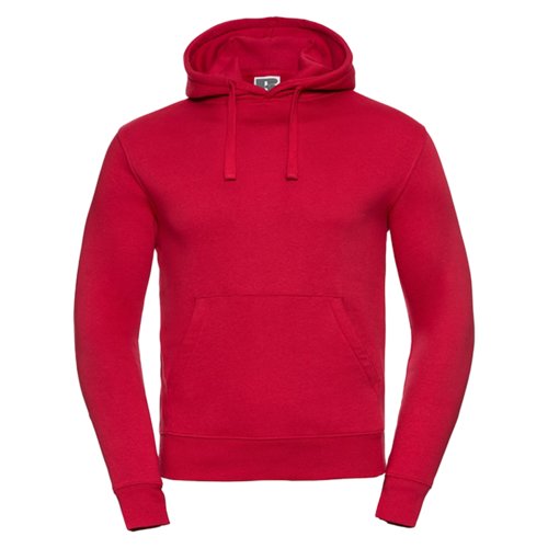 Roter Baumwoll-Polyester-Hoodie fr Herren mit Kordelzug und Kngurutasche.