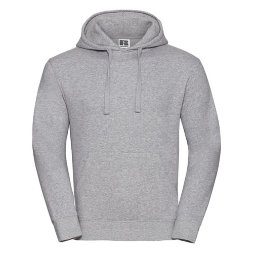 Grauer Baumwoll-Polyester-Hoodie mit Kapuze und Kngurutasche.