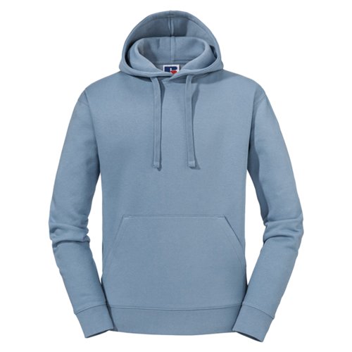 Hellblauer Baumwoll-Polyester-Hoodie mit Kapuze und Kngurutasche.