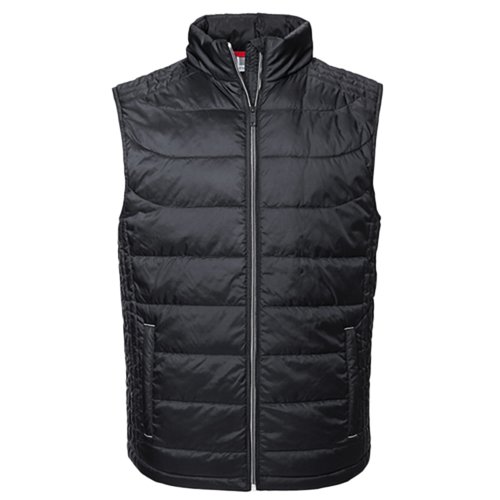 Schwarze Steppweste aus Polyester mit durchgehendem Reiverschluss.
