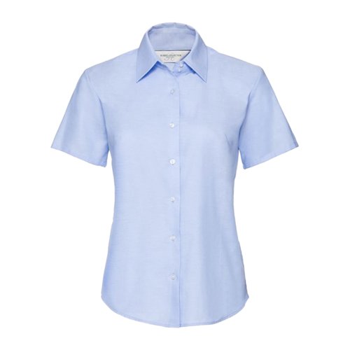 Oxfordblaue Baumwoll-Polyester Bluse mit kurzen rmeln und Knopfleiste.
