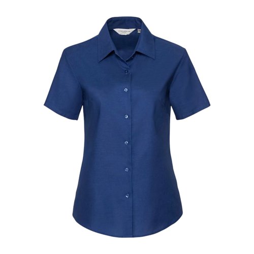 Blaue Bluse aus Baumwollmischgewebe mit kurzen rmeln und Knopfleiste.