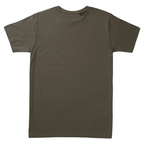 Khaki Baumwoll-T-Shirt mit kurzen Ärmeln und Rundhalsausschnitt.