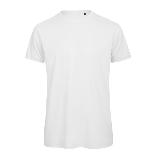 Weißes Baumwoll-T-Shirt mit kurzen Ärmeln und Rundhalsausschnitt.