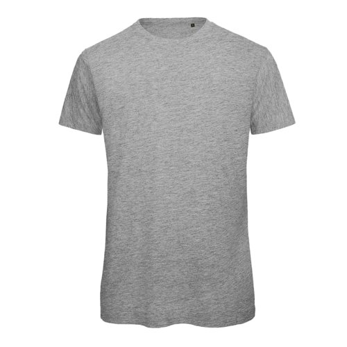 Graues Baumwoll-T-Shirt mit kurzen Ärmeln und Rundhalsausschnitt.