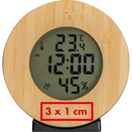 Holz-Wetterstation mit digitaler Anzeige und Sensoren.