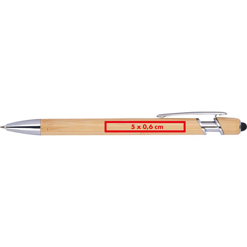 Heller Holz-Kugelschreiber mit Stift-Clip und Touchpen-Funktion.