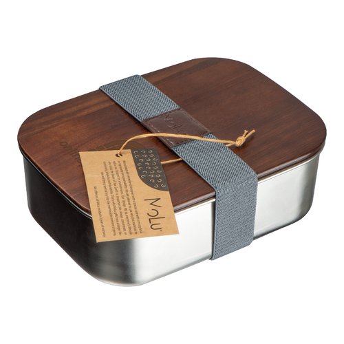 Silbergraue Lunchbox aus Metall und Holz mit Verschlussband.