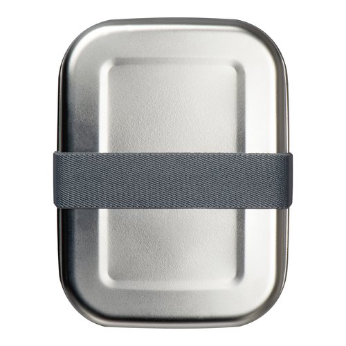 Silbergraue Lunchbox aus Metall mit Gummiband.
