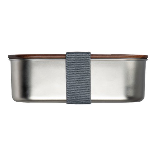 Silbergraue Metall-Lunchbox mit Holzdeckel und Gummiband.