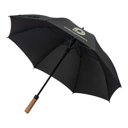 Schwarzer Regenschirm mit Holzgriff.