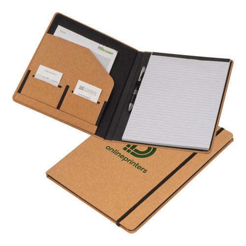 Beige Schreibmappe aus Kork mit Stiftschlaufe, Block und diversen Einsteckfchern.