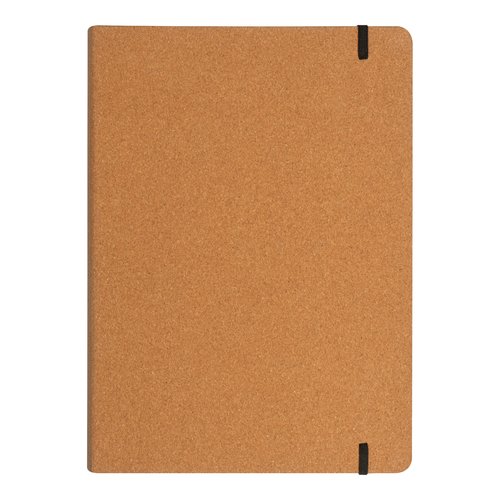 Beige Schreibmappe aus Kork mit Gummibandverschluss.