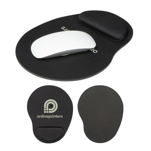 Schwarzes Mousepad aus Stoff mit Handballenauflage.
