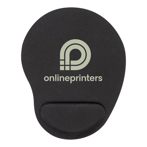 Schwarzes Mousepad mit Handgelenkauflage fr ergonomische Nutzung.