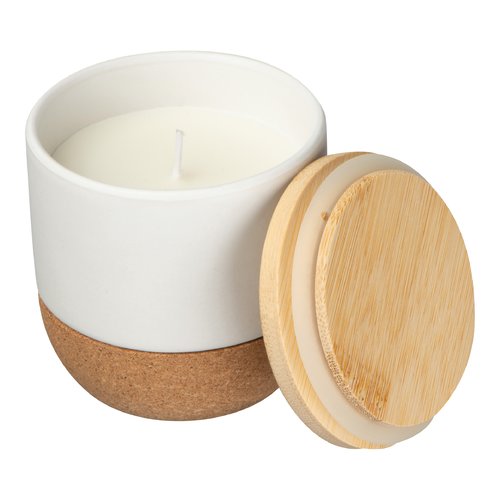 Weie Kerze mit Korkfu und Holzdeckel.