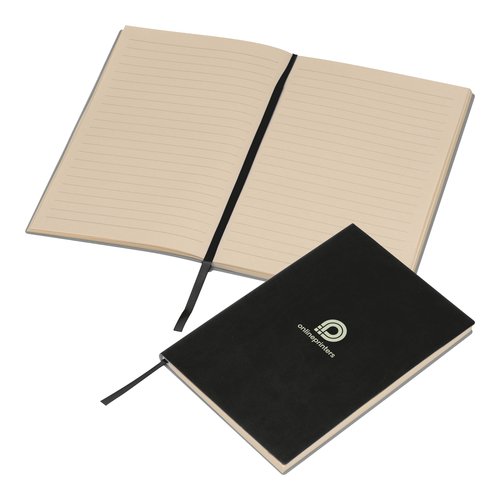 Schwarzes Notizbuch mit Hardcover und Lesezeichen.