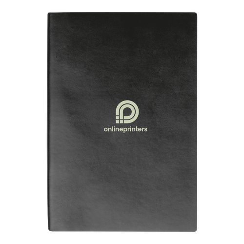 Schwarzes Notizbuch mit Hardcover und Fadenheftung.