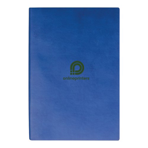 Blaues Notizbuch mit Hardcover und linierten Seiten.