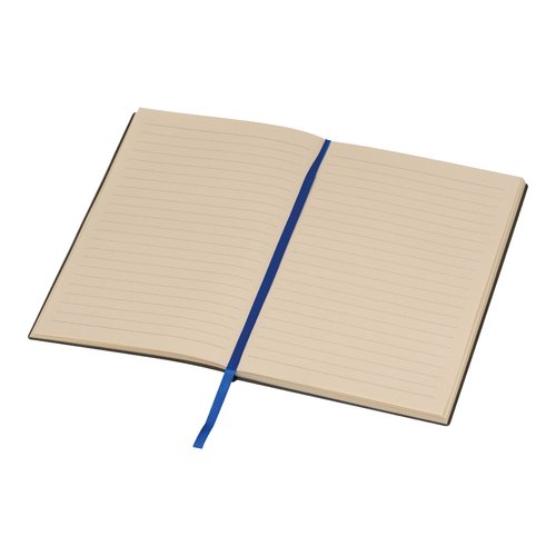 Blaues Notizbuch mit linierten Seiten und Leseband.