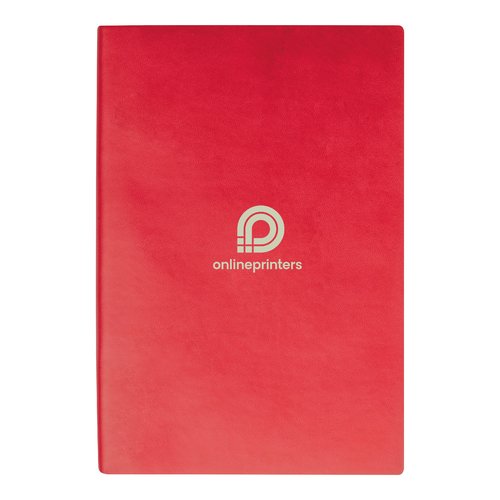 Rotes Notizbuch mit Hardcover und linierten Seiten.