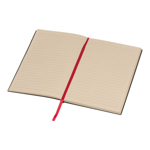 Rotes Notizbuch mit Hardcover und Lesezeichen.