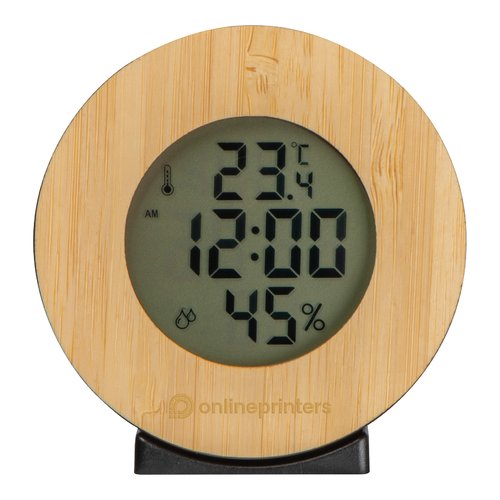 Hlzerne Wetterstation mit digitaler Anzeige und schwarzem Sockel.