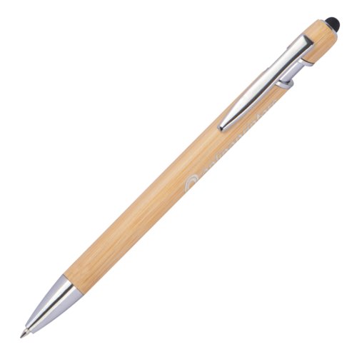 Beiger Kugelschreiber aus Holz mit Clip und Touchpen.