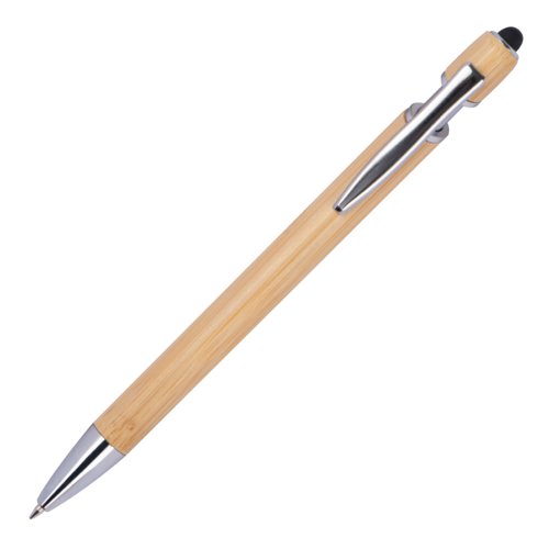 Beiger Kugelschreiber aus Bambus mit Clip und Touchpen-Funktion.