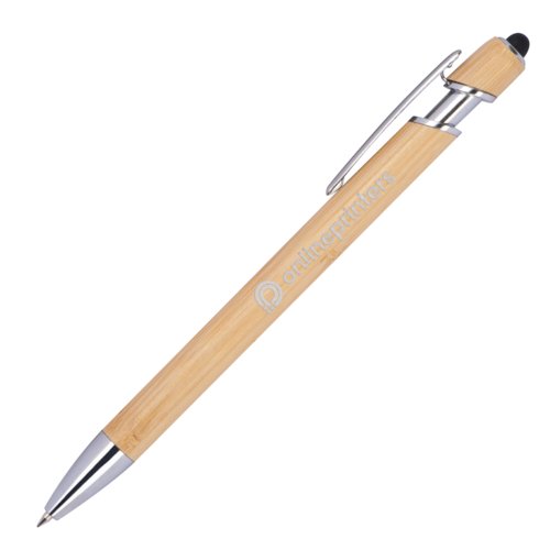 Holzfarbener Kugelschreiber aus Bambus mit Touchpen und Clip.
