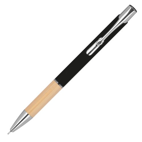 Schwarzer Recycling-Gelstift mit Clip und Druckmechanismus.