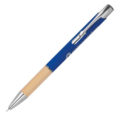 Blauer, recycelter Gelschreiber mit Clip und Druckmechanismus.