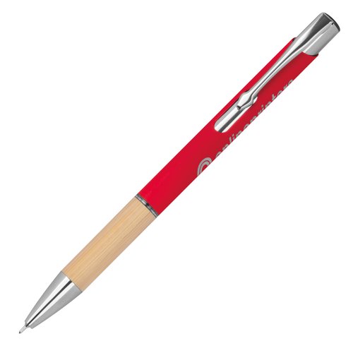 Roter Gelstift aus Recyclingmaterial mit Clip und Druckmechanismus.
