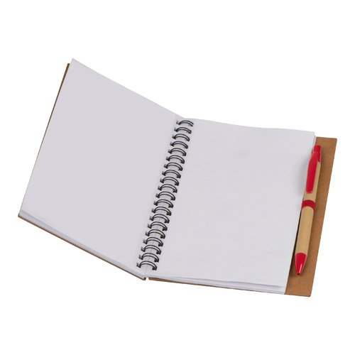 Roter Notizspiralblock mit Stifthalterung.
