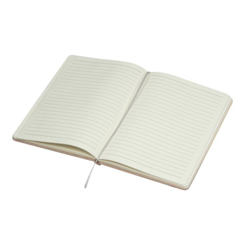 Beiges Notizbuch mit linierten Seiten und Lesebndchen.